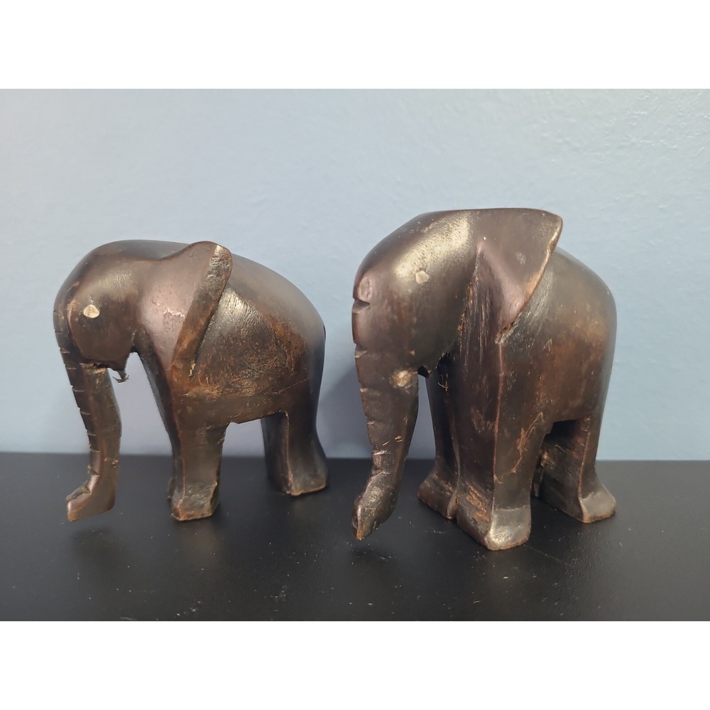 Vintage Pair Elephant Figures,‎ Hand Carved Wood, Decorative